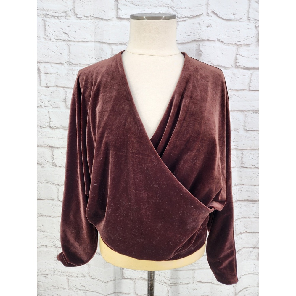Express Chocolate Brown Velvet Top Plunge V-Neck Faux‎ Wrap Stretch Size Small